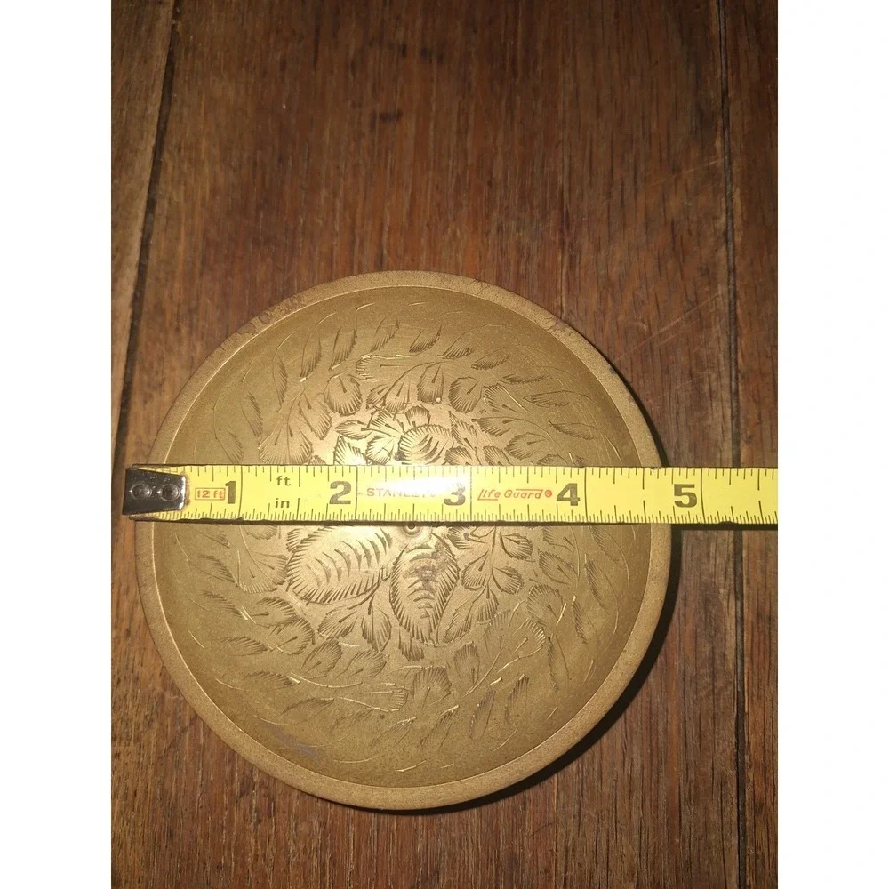 Vintage Etched Brass Footed Bowl India Floral‎ Trinket Dish Offering Bowl 4.5
